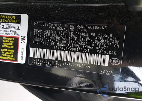 2011 Toyota Camry Se V6 z USA, uszkodzony, nr VIN 4T1BK3EK2BU126351